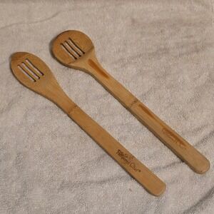 Pampered Chef Slotted Spoons Set of 2 Bamboo Wood Tan Kitchen Utensils 12 Inch